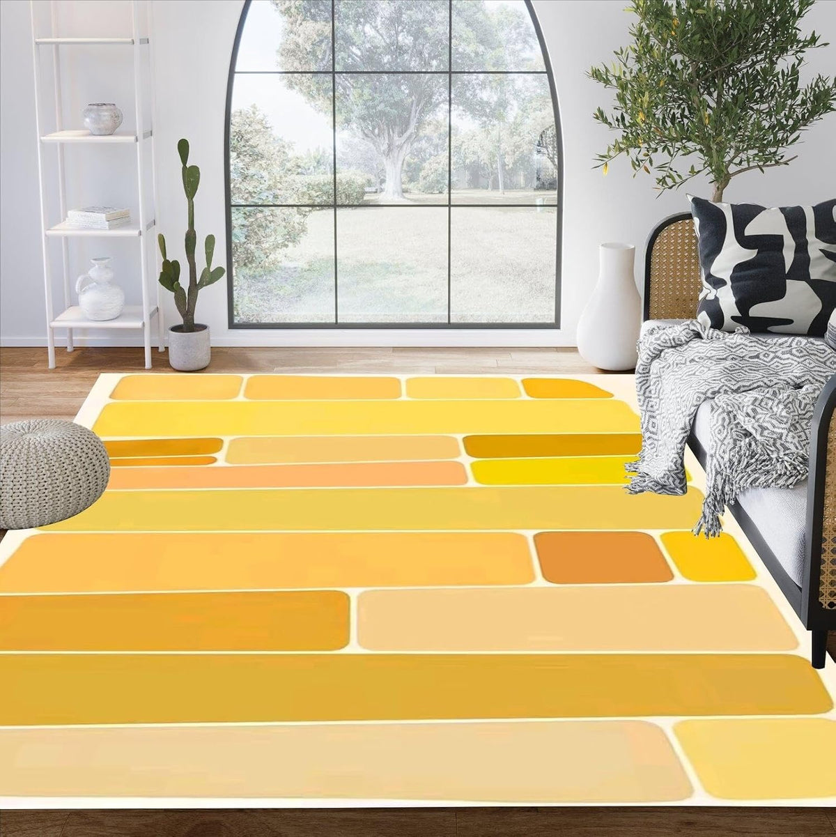 Minimalist Mid Century Modern Rug 2x3 Yellow Irregular Geometric Pattern Abstract Art Area Rug for Living Room Bedroom Non Slip Washable Carpet Boho Aesthetics Home Office Guestroom Easy Clean Mats