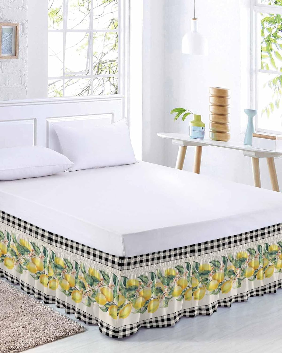 Yellow Lemons Bed Skirt Queen Size 16 Inch Drop, Adjustable Elastic Wrap Around Bed Skirts Easy Fitting Dust Ruffle Bedskirt Bed Frame Cover Summer Botanical Black White Plaid Rustic