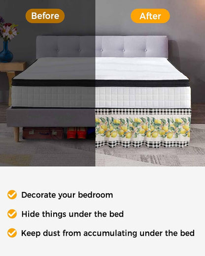 Yellow Lemons Bed Skirt Queen Size 16 Inch Drop, Adjustable Elastic Wrap Around Bed Skirts Easy Fitting Dust Ruffle Bedskirt Bed Frame Cover Summer Botanical Black White Plaid Rustic