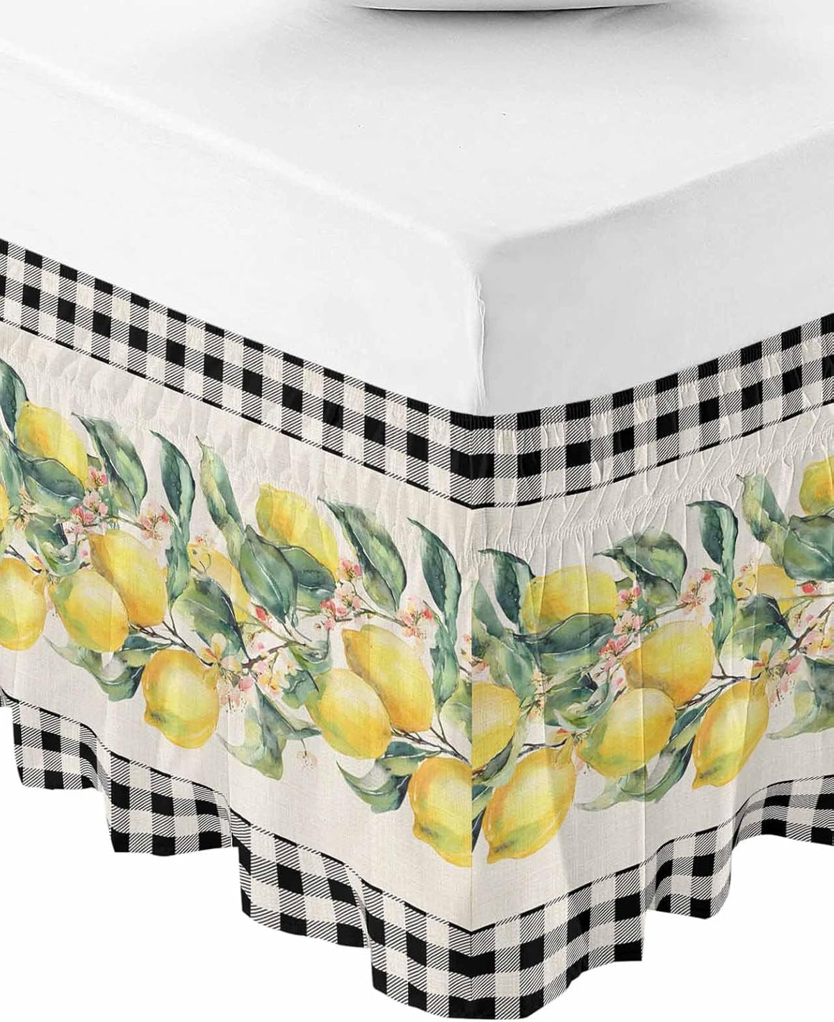 Yellow Lemons Bed Skirt Queen Size 16 Inch Drop, Adjustable Elastic Wrap Around Bed Skirts Easy Fitting Dust Ruffle Bedskirt Bed Frame Cover Summer Botanical Black White Plaid Rustic