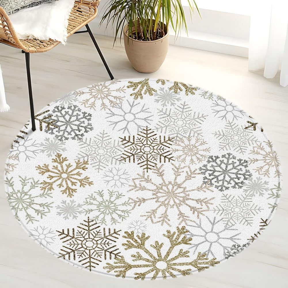 Winter Snowflakes Round Area Rug Abstract Geometry Yellow and Gray Snowflake Christmas Wonderland Snowfall New Year Round Mat for Bedroom Living Room Bathroom Floor Mat Carpet Home Decor Rugs 2FT