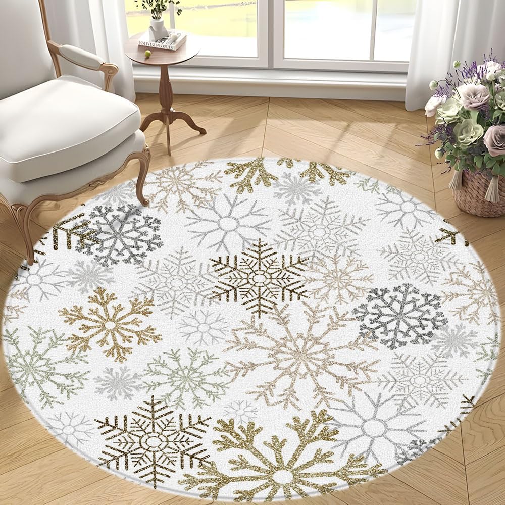 Winter Snowflakes Round Area Rug Abstract Geometry Yellow and Gray Snowflake Christmas Wonderland Snowfall New Year Round Mat for Bedroom Living Room Bathroom Floor Mat Carpet Home Decor Rugs 2FT