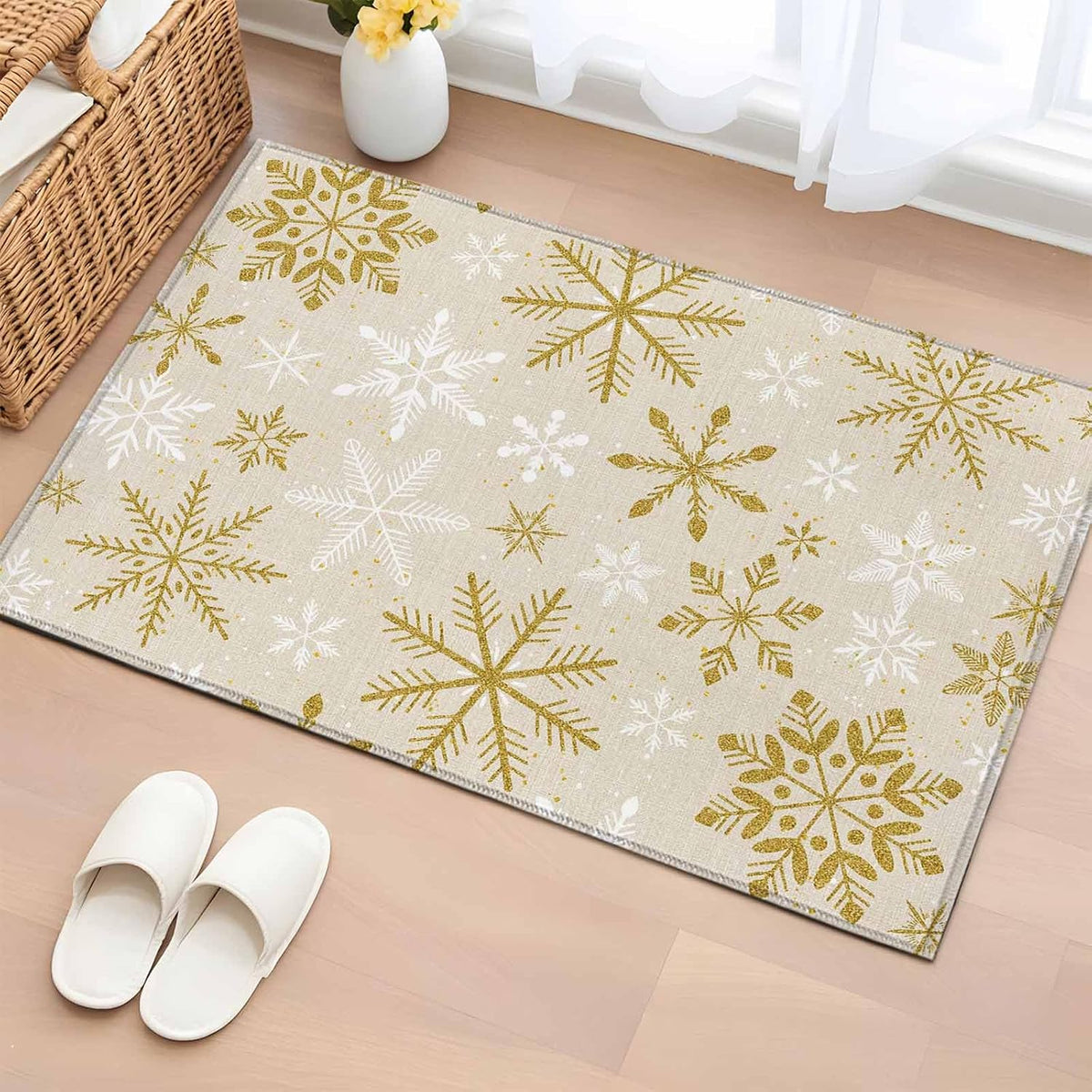 Winter Yellow Snowflake 2x3 Area Rugs for Living Room, Christmas White Snowflake Non Slip Floor Mat Washable Low-Profile Indoor Carpet for Bedroom, Dining Room, Bathroom