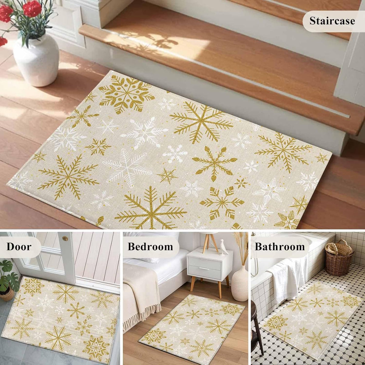 Winter Yellow Snowflake 2x3 Area Rugs for Living Room, Christmas White Snowflake Non Slip Floor Mat Washable Low-Profile Indoor Carpet for Bedroom, Dining Room, Bathroom