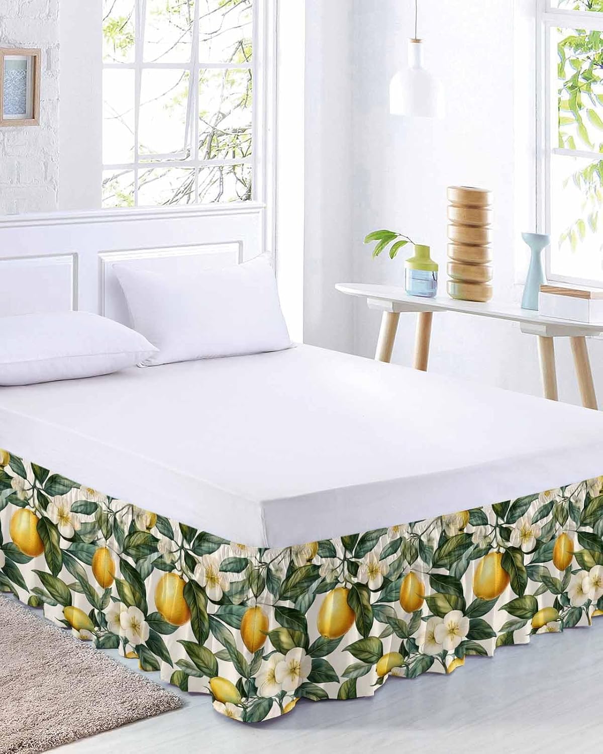 Watercolor Lemon Bed Skirt Queen Size 16 Inch Drop, Adjustable Elastic Wrap Around Bed Skirts Easy Fitting Dust Ruffle Bedskirt Bed Frame Cover Green Yellow Fruit Country Flower