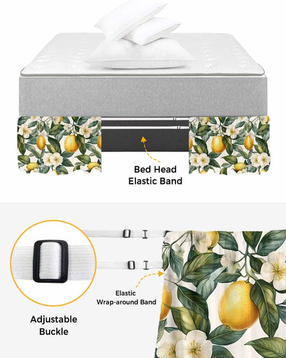 Watercolor Lemon Bed Skirt Queen Size 16 Inch Drop, Adjustable Elastic Wrap Around Bed Skirts Easy Fitting Dust Ruffle Bedskirt Bed Frame Cover Green Yellow Fruit Country Flower