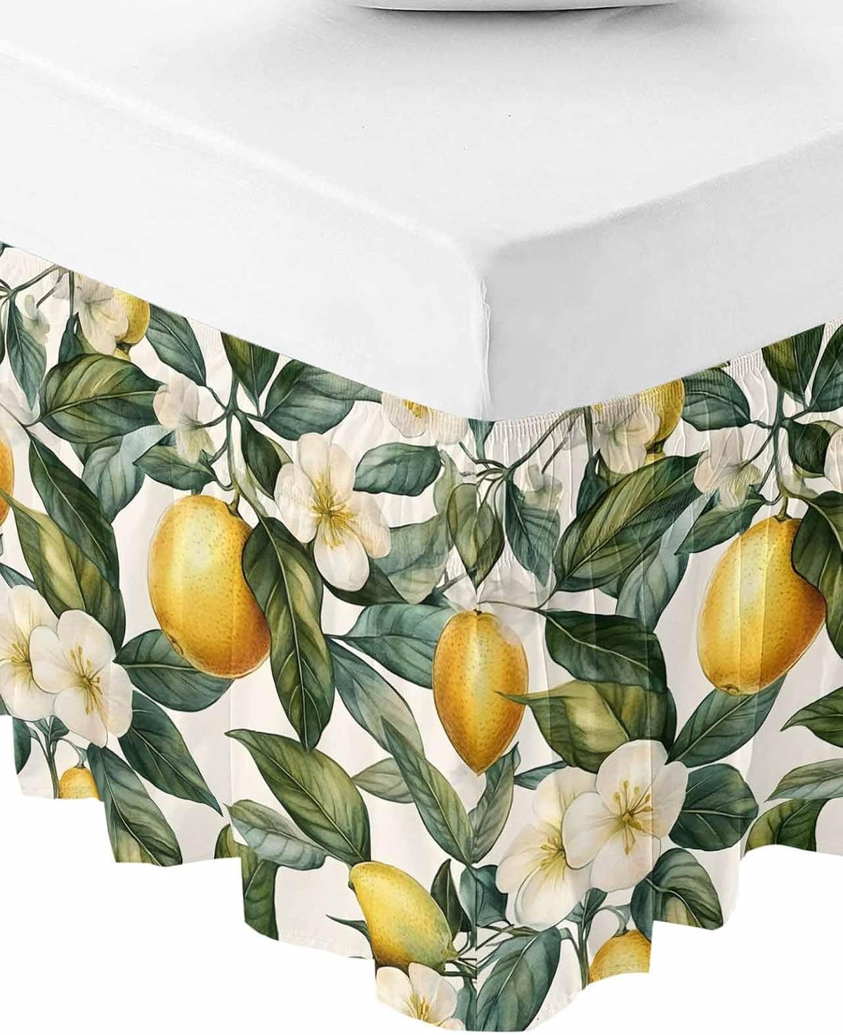 Watercolor Lemon Bed Skirt Queen Size 16 Inch Drop, Adjustable Elastic Wrap Around Bed Skirts Easy Fitting Dust Ruffle Bedskirt Bed Frame Cover Green Yellow Fruit Country Flower