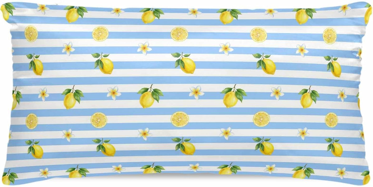 Summer Fruit Satin Pillowcase for Hair and Skin, Yellow Lemon Rustic Flower Plate Blue Stripes Silky Pillow Cases Standard Size with Zipper 1 Pack Soft Cooling Pillow Cover for Women Men, 20''x40''