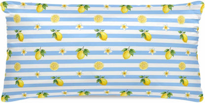 Summer Fruit Satin Pillowcase for Hair and Skin, Yellow Lemon Rustic Flower Plate Blue Stripes Silky Pillow Cases Standard Size with Zipper 1 Pack Soft Cooling Pillow Cover for Women Men, 20''x40''