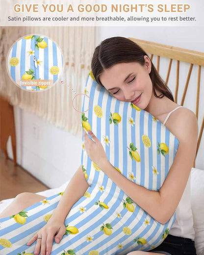 Summer Fruit Satin Pillowcase for Hair and Skin, Yellow Lemon Rustic Flower Plate Blue Stripes Silky Pillow Cases Standard Size with Zipper 1 Pack Soft Cooling Pillow Cover for Women Men, 20''x40''