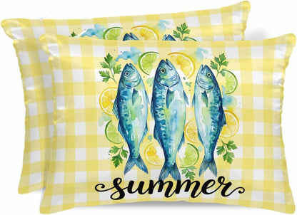 Summer Fish Standard Pillowcase Set of 2, Farmhouse Yellow Lemon Stripes Satin Pillow Case Cover with Smooth Hidden Zipper Closure, Soft Throw Pillow Covers Cases for Home Decoration 20 X 26 Inches