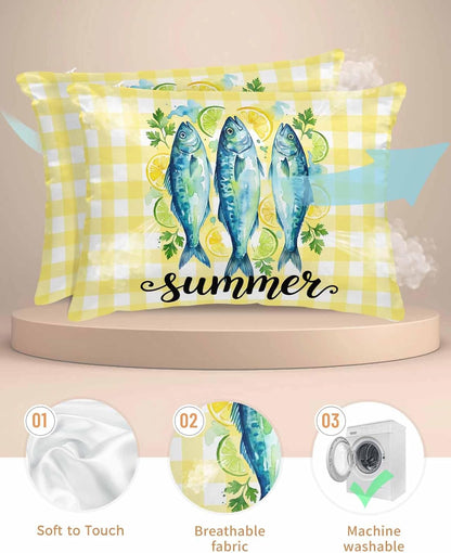 Summer Fish Standard Pillowcase Set of 2, Farmhouse Yellow Lemon Stripes Satin Pillow Case Cover with Smooth Hidden Zipper Closure, Soft Throw Pillow Covers Cases for Home Decoration 20 X 26 Inches