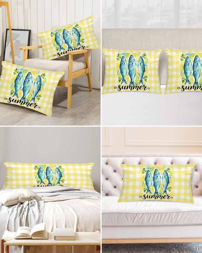 Summer Fish Standard Pillowcase Set of 2, Farmhouse Yellow Lemon Stripes Satin Pillow Case Cover with Smooth Hidden Zipper Closure, Soft Throw Pillow Covers Cases for Home Decoration 20 X 26 Inches