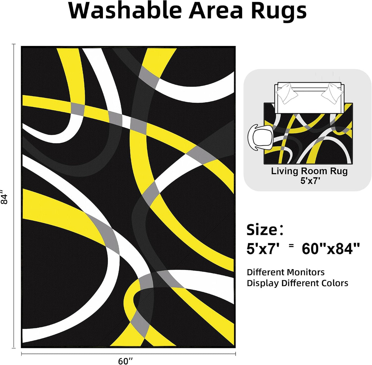 Classical Modern Black and Yellow Stripe Pattern Area Rug for Living Room 5x7 Outdoor Rug Non Slip&Non-Shedding Low Pile Indoor Large Carpets for Bedroom, Dining Room, Home Office, Bathroom