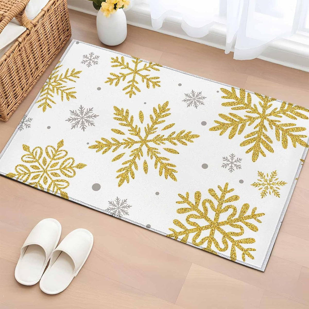 Winter Snowflake 2x3 Area Rugs for Living Room, Christmas Yellow Sequins Texture Abstract Non Slip Floor Mat Washable Low-Profile Indoor Carpet for Bedroom, Dining Room, Bathroom