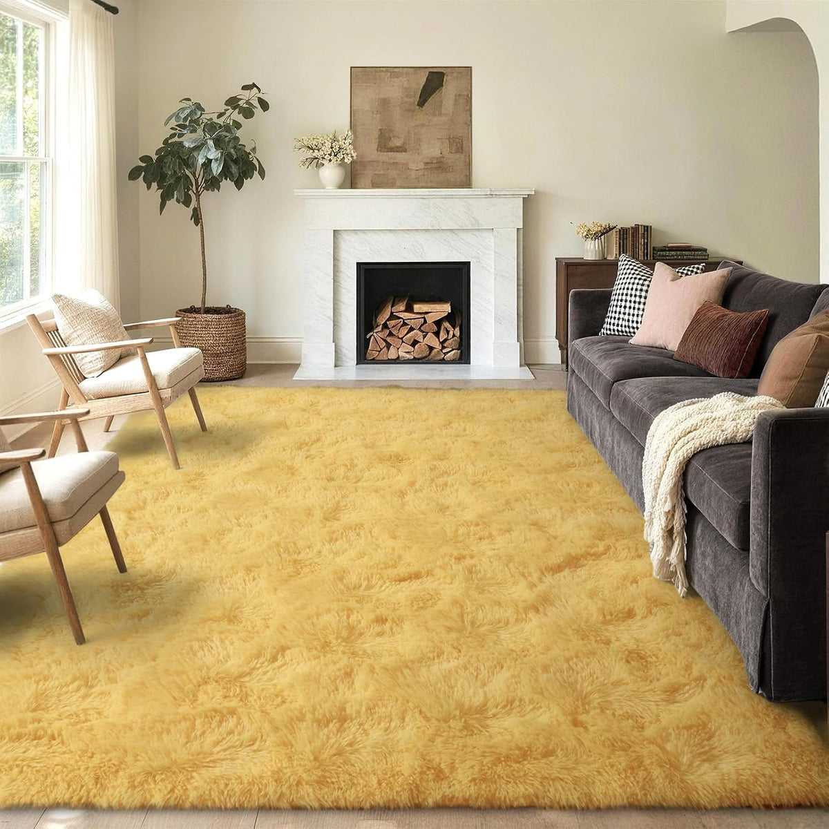 5x8 Non-Slip Fluffy Area Rugs for Living Room (Yellow)