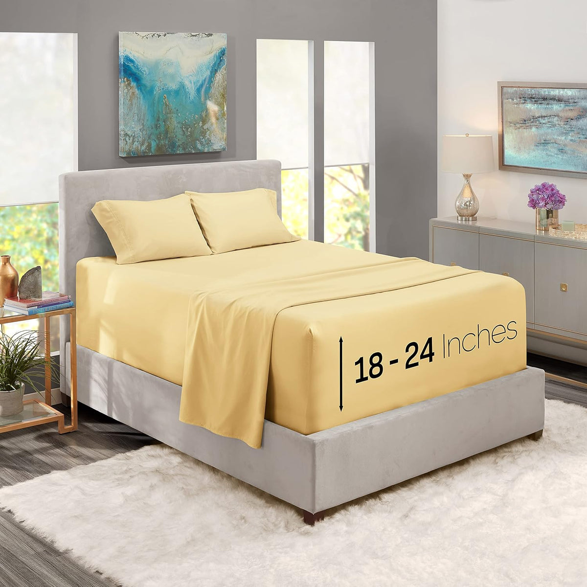 Twin XL Size Sheet Set, 4 Piece Extra Deep Pocket (18-24 inches), Microfiber, Hotel Luxury, Soft, Breathable, Wrinkle-Free, Easy to Care, Vanilla Yellow