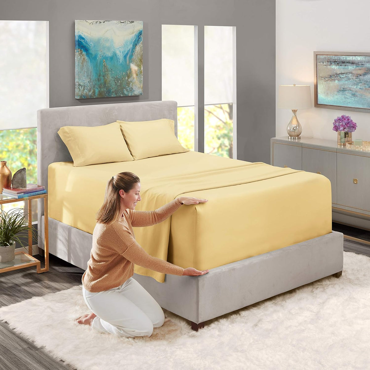 Twin XL Size Sheet Set, 4 Piece Extra Deep Pocket (18-24 inches), Microfiber, Hotel Luxury, Soft, Breathable, Wrinkle-Free, Easy to Care, Vanilla Yellow