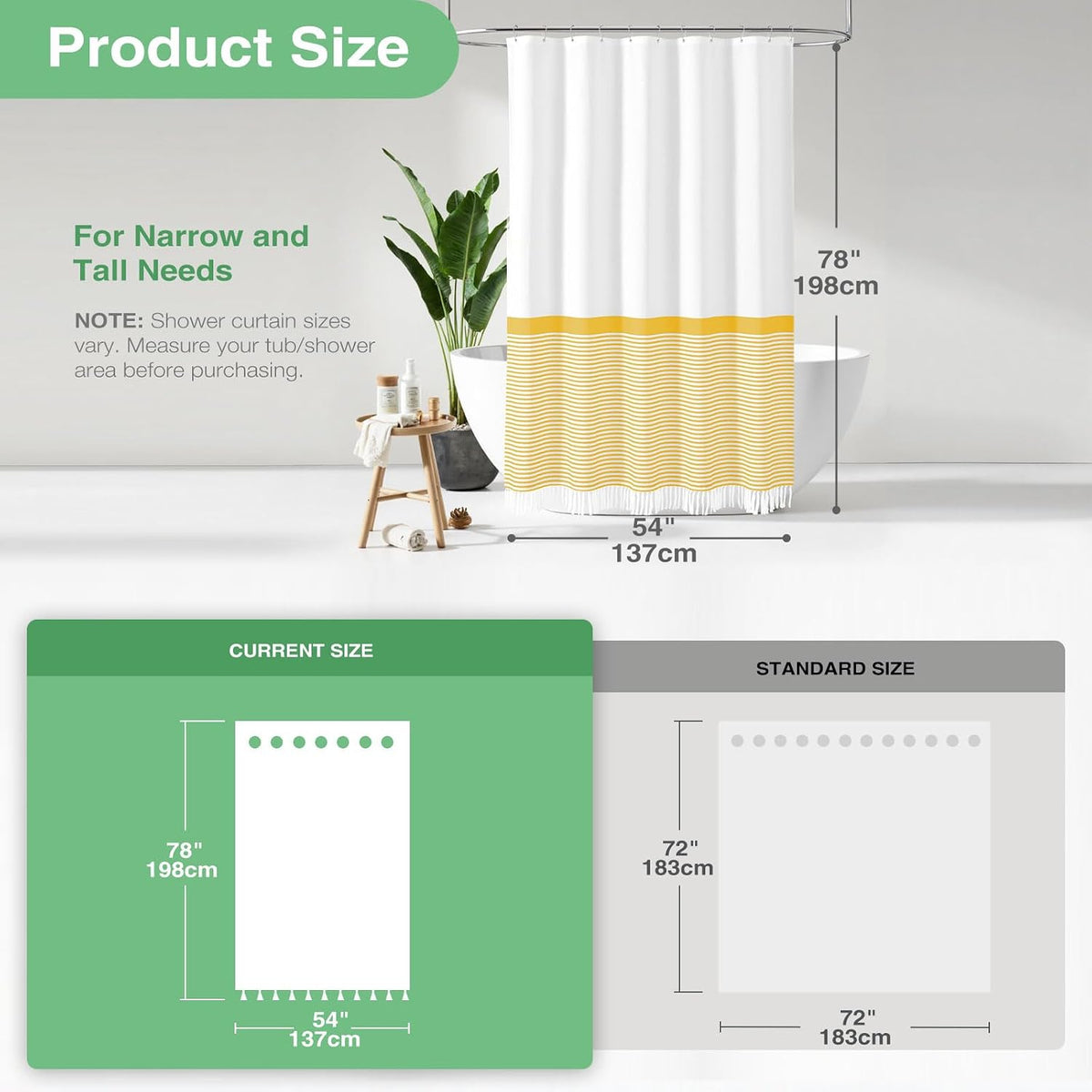 Stall Fabric Shower Curtain, 54x78 Modern Farmhouse Yellow and White Boho Striped Cloth Shower Curtain with Tassels, Hotel Luxury Bathroom Shower Curtain Set with 10 Hooks, Yellow, 54x78