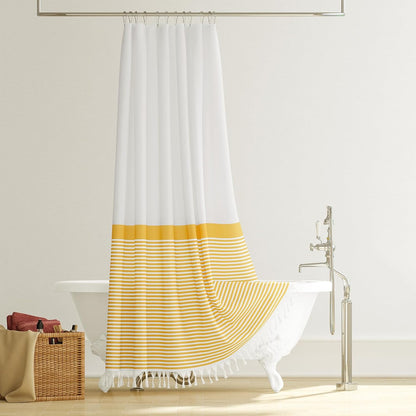 Stall Fabric Shower Curtain, 54x78 Modern Farmhouse Yellow and White Boho Striped Cloth Shower Curtain with Tassels, Hotel Luxury Bathroom Shower Curtain Set with 10 Hooks, Yellow, 54x78