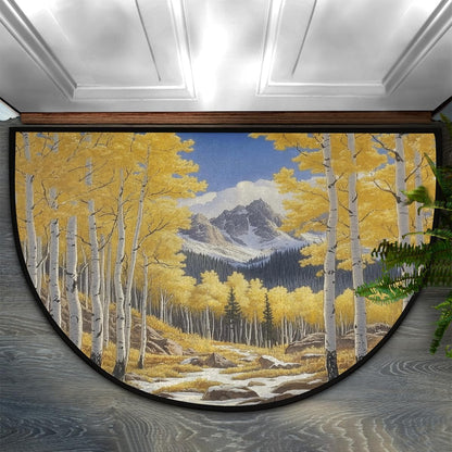 Yellow Forest Mountain Winter Half Round Door Mat 24x36 Inch Non Slip Half Circle Area Rug Washable Half Moon Bathroom Rugs Semi Circle Carpet for Indoor Outdoor Home Decor