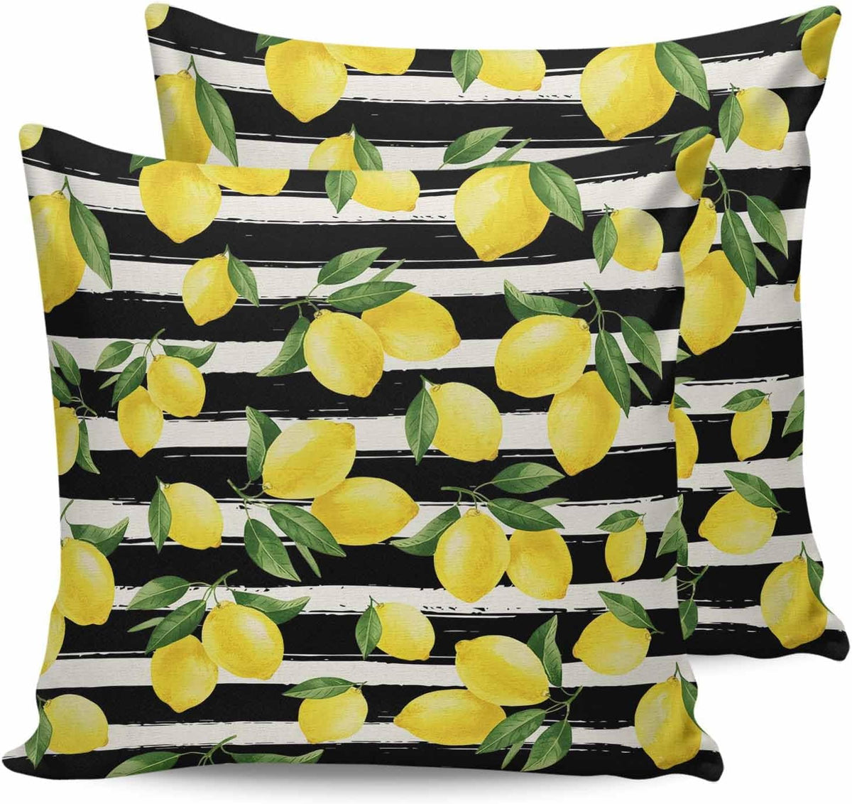 Yellow Lemon 2PCS Throw Pillow Covers for Couch Sofa Bed, Summer Fruit Black Striped Pillow Covers 18x18 inch, Standard Pillowcases Set Decorative Cushion Covers for Living Room Bedroom