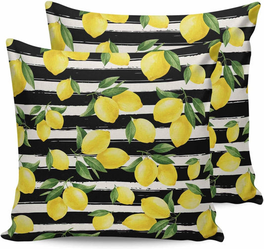 Yellow Lemon 2PCS Throw Pillow Covers for Couch Sofa Bed, Summer Fruit Black Striped Pillow Covers 18x18 inch, Standard Pillowcases Set Decorative Cushion Covers for Living Room Bedroom