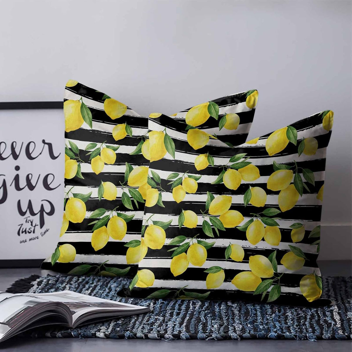Yellow Lemon 2PCS Throw Pillow Covers for Couch Sofa Bed, Summer Fruit Black Striped Pillow Covers 18x18 inch, Standard Pillowcases Set Decorative Cushion Covers for Living Room Bedroom