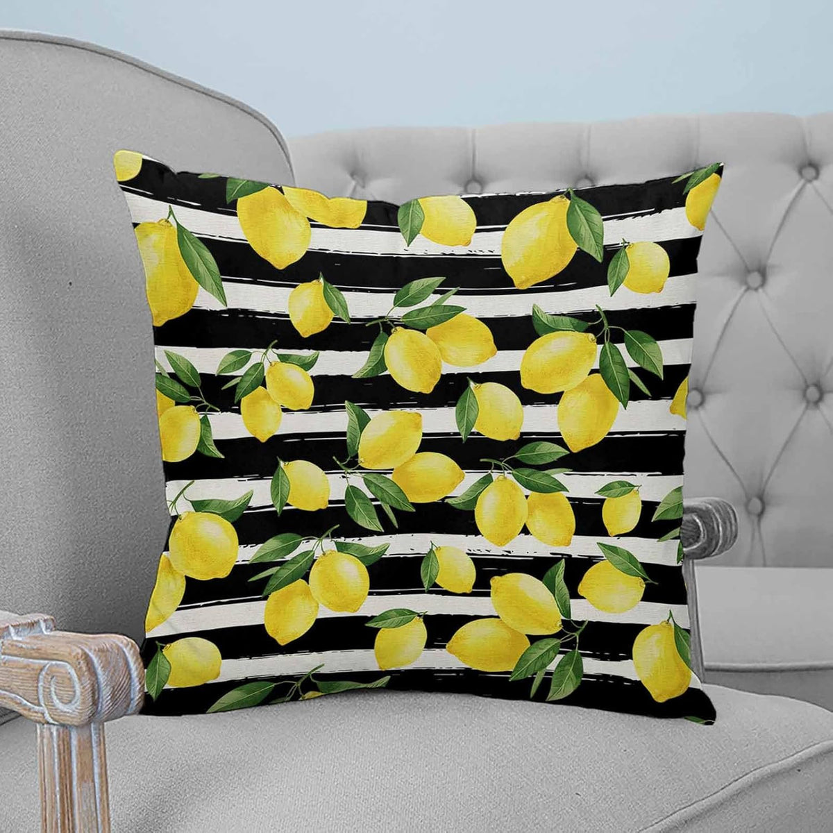 Yellow Lemon 2PCS Throw Pillow Covers for Couch Sofa Bed, Summer Fruit Black Striped Pillow Covers 18x18 inch, Standard Pillowcases Set Decorative Cushion Covers for Living Room Bedroom