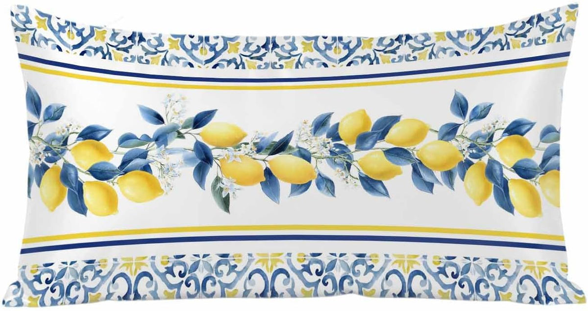 Lemon Floral Satin Pillowcase for Hair and Skin, Moroccan Lemon Yellow Blue Stripes Floral Silky Pillow Cases Standard Size with Zipper 1 Pack Soft Cooling Pillow Cover for Women Men, 20''x40''