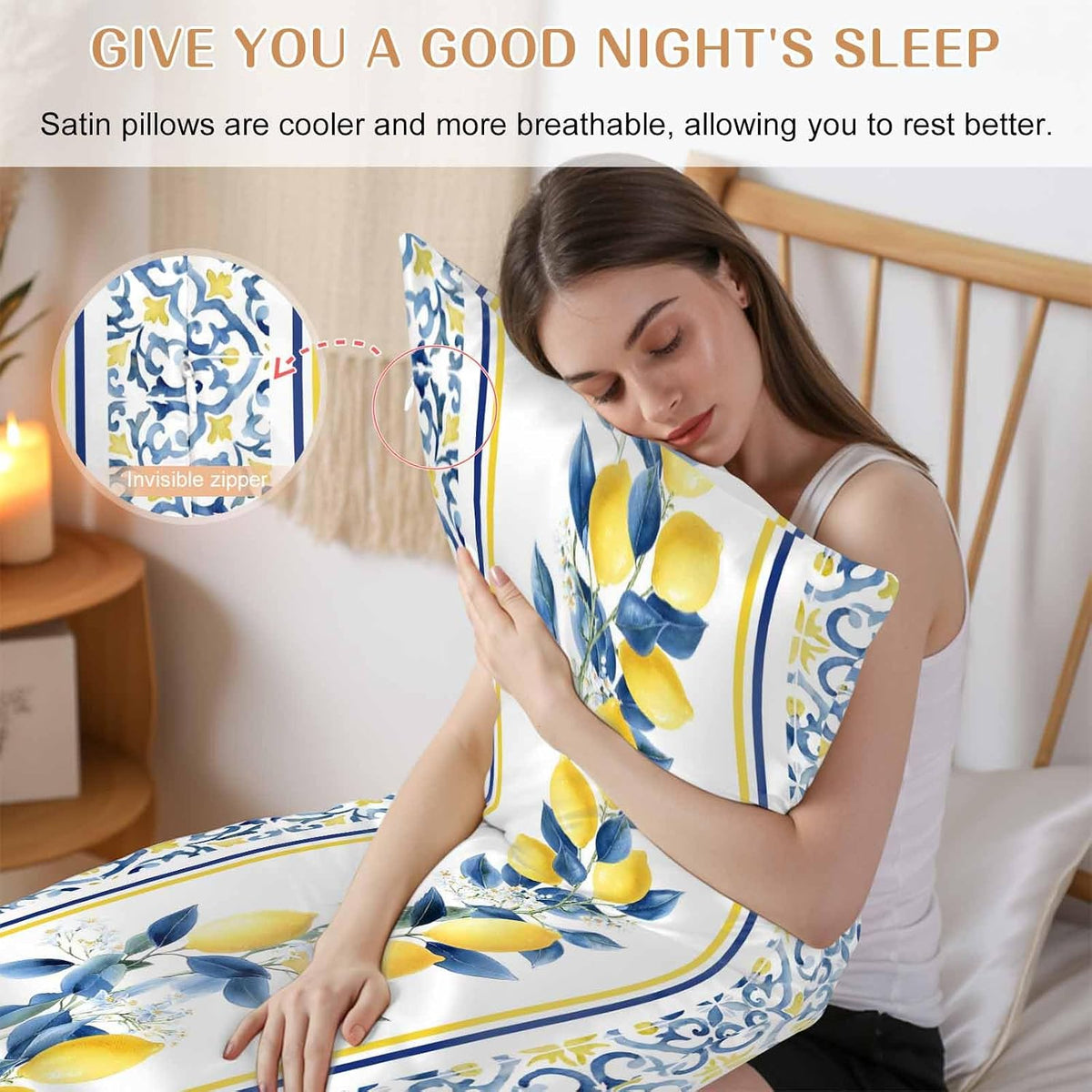 Lemon Floral Satin Pillowcase for Hair and Skin, Moroccan Lemon Yellow Blue Stripes Floral Silky Pillow Cases Standard Size with Zipper 1 Pack Soft Cooling Pillow Cover for Women Men, 20''x40''