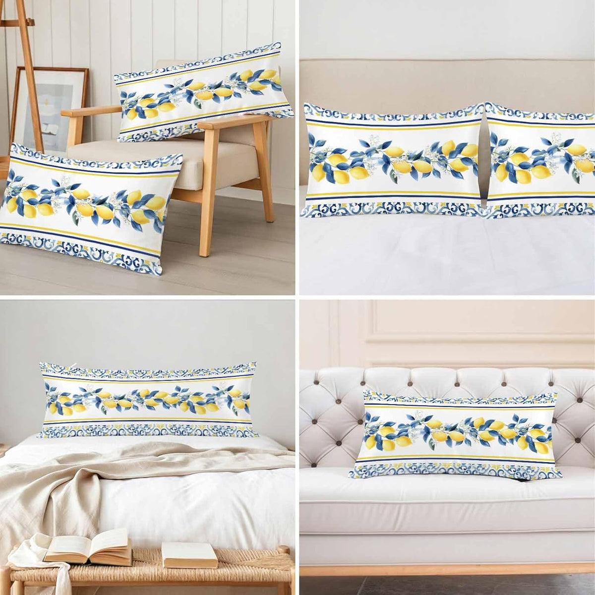 Lemon Floral Satin Pillowcase for Hair and Skin, Moroccan Lemon Yellow Blue Stripes Floral Silky Pillow Cases Standard Size with Zipper 1 Pack Soft Cooling Pillow Cover for Women Men, 20''x40''