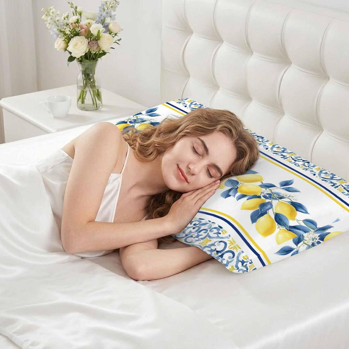 Lemon Floral Satin Pillowcase for Hair and Skin, Moroccan Lemon Yellow Blue Stripes Floral Silky Pillow Cases Standard Size with Zipper 1 Pack Soft Cooling Pillow Cover for Women Men, 20''x40''