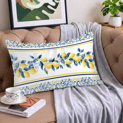 Lemon Floral Satin Pillowcase for Hair and Skin, Moroccan Lemon Yellow Blue Stripes Floral Silky Pillow Cases Standard Size with Zipper 1 Pack Soft Cooling Pillow Cover for Women Men, 20''x40''