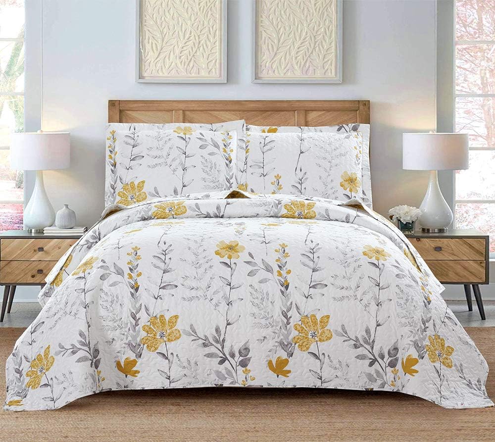 Grey Leaf Yellow Floral Twin Quilt Set - Bedspread, Coverlet, Pillow Shams - Lightweight, Reversible, Spring/Summer