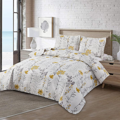 Grey Leaf Yellow Floral Twin Quilt Set - Bedspread, Coverlet, Pillow Shams - Lightweight, Reversible, Spring/Summer