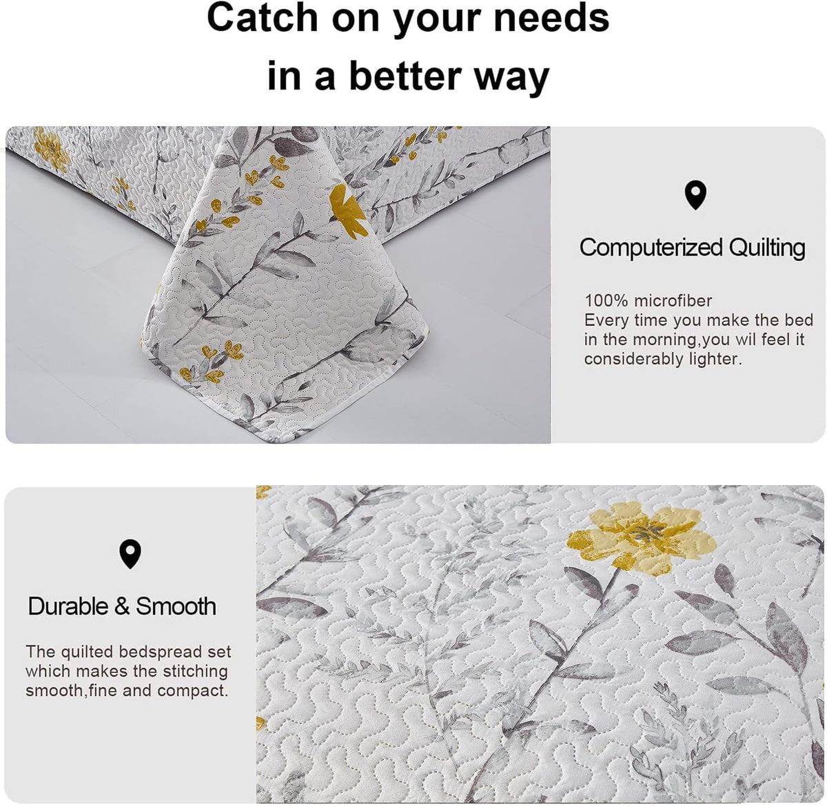Grey Leaf Yellow Floral Twin Quilt Set - Bedspread, Coverlet, Pillow Shams - Lightweight, Reversible, Spring/Summer