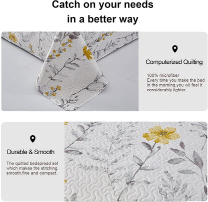 Grey Leaf Yellow Floral Twin Quilt Set - Bedspread, Coverlet, Pillow Shams - Lightweight, Reversible, Spring/Summer