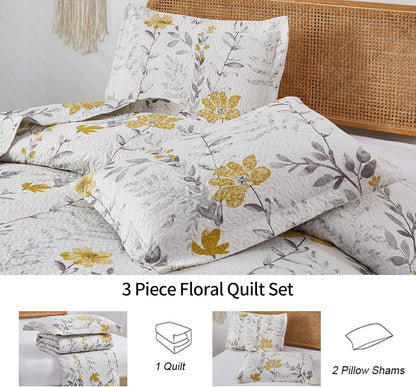 Grey Leaf Yellow Floral Twin Quilt Set - Bedspread, Coverlet, Pillow Shams - Lightweight, Reversible, Spring/Summer