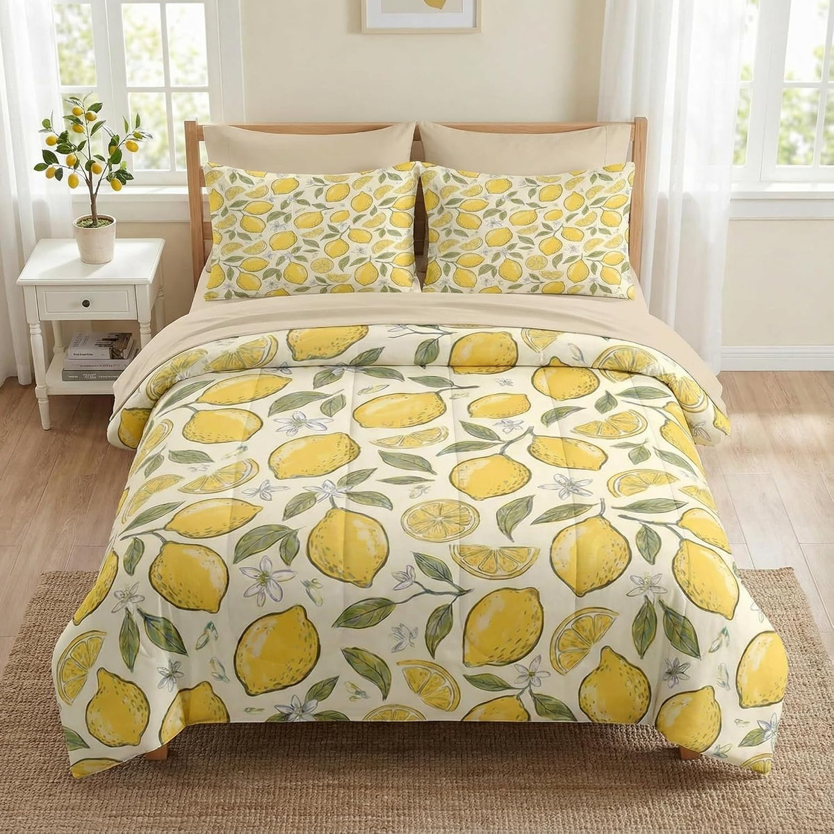 Full Comforter Set with Sheets, 7 Pieces Lemon Citrus Bedding