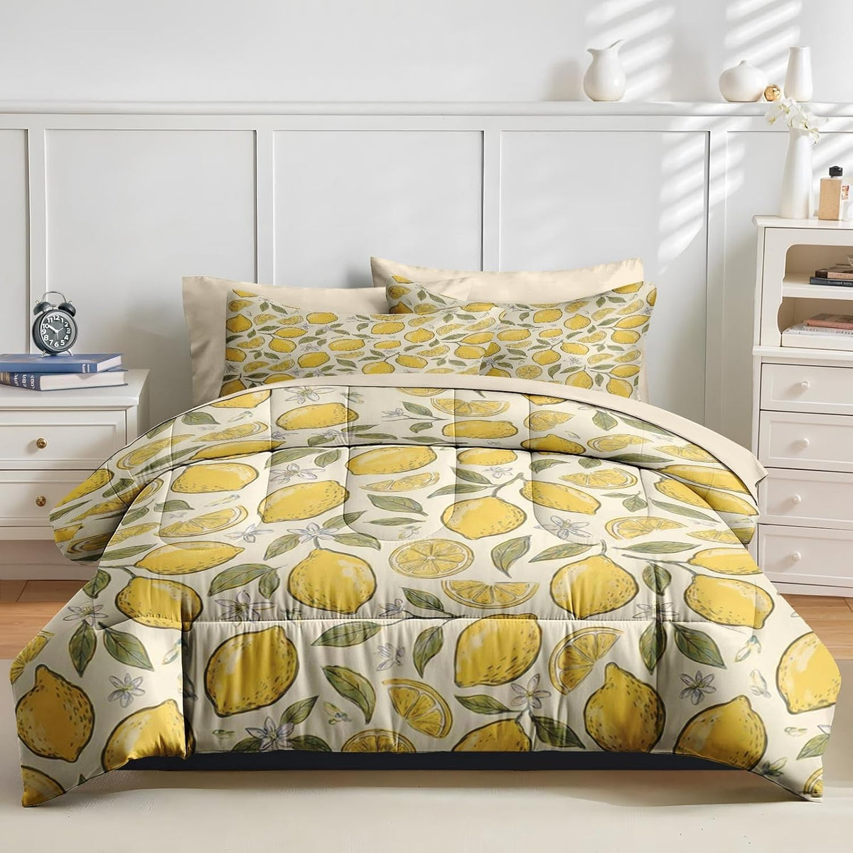 Full Comforter Set with Sheets, 7 Pieces Lemon Citrus Bedding