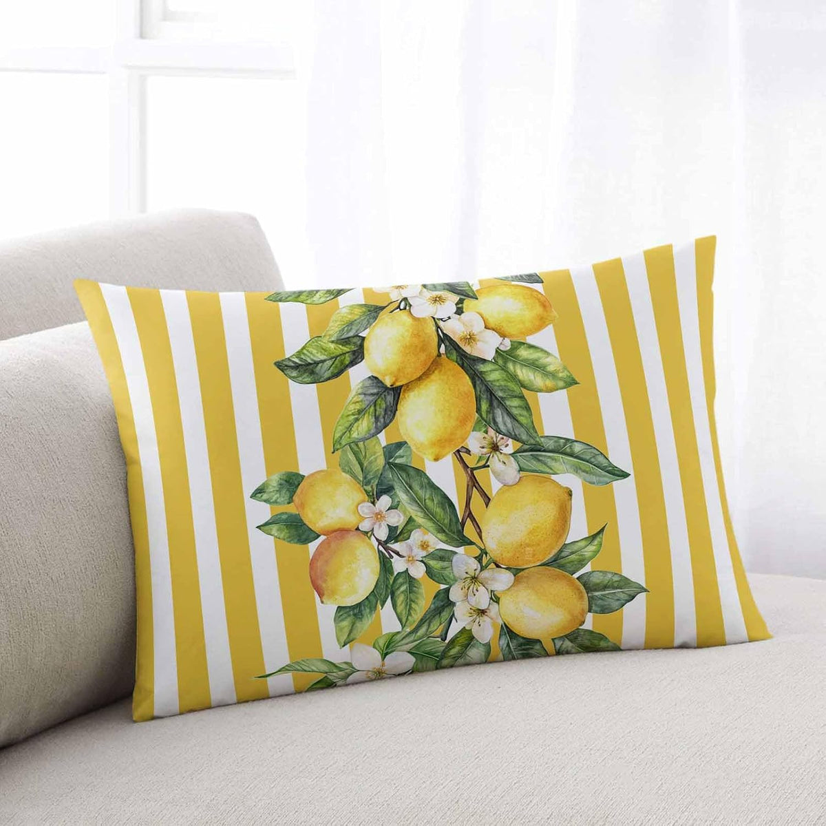 Satin Pillowcase Standard Pillow Cover 20 x 26 Inch Summer Lemon Flowers Leaves Yellow White Stripes Lumbar Pillow Cases Rectangular Decorative Pillow Shams for Bed Sofa Guest Room