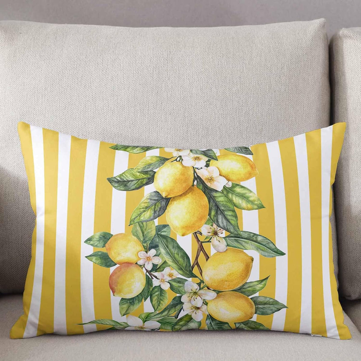 Satin Pillowcase Standard Pillow Cover 20 x 26 Inch Summer Lemon Flowers Leaves Yellow White Stripes Lumbar Pillow Cases Rectangular Decorative Pillow Shams for Bed Sofa Guest Room