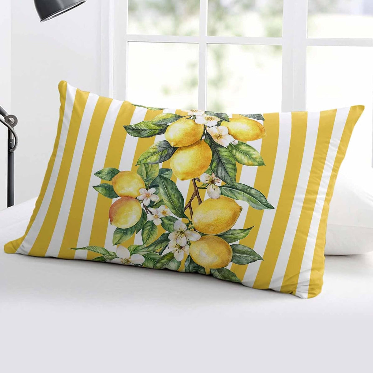 Satin Pillowcase Standard Pillow Cover 20 x 26 Inch Summer Lemon Flowers Leaves Yellow White Stripes Lumbar Pillow Cases Rectangular Decorative Pillow Shams for Bed Sofa Guest Room