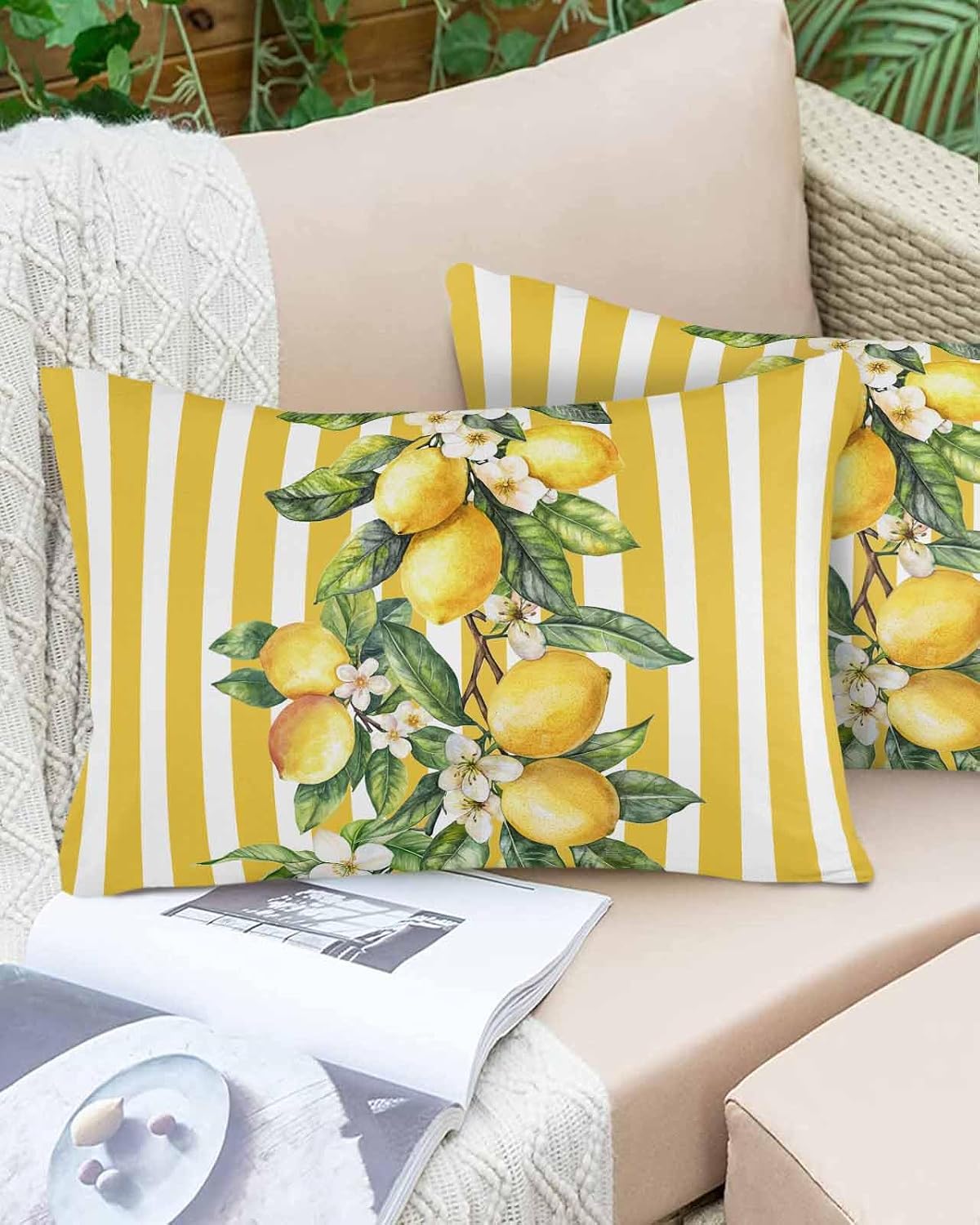 Satin Pillowcase Standard Pillow Cover 20 x 26 Inch Summer Lemon Flowers Leaves Yellow White Stripes Lumbar Pillow Cases Rectangular Decorative Pillow Shams for Bed Sofa Guest Room