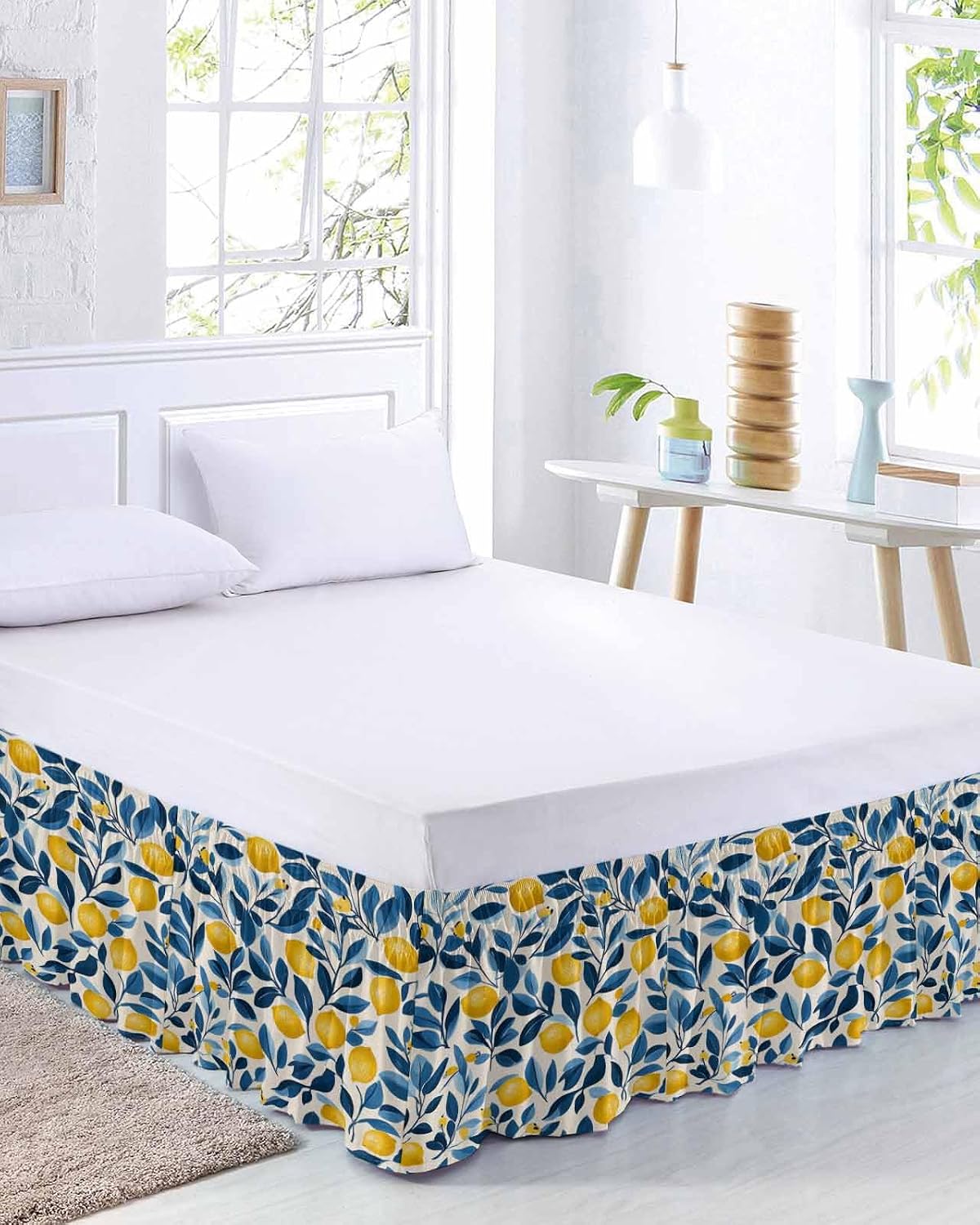 Lemon Bed Skirt Queen Size 16 Inch Drop, Adjustable Elastic Wrap Around Bed Skirts Easy Fitting Dust Ruffle Bedskirt Bed Frame Cover Watercolor Yellow Blue Fruit Branch Flower