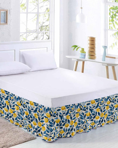 Lemon Bed Skirt Queen Size 16 Inch Drop, Adjustable Elastic Wrap Around Bed Skirts Easy Fitting Dust Ruffle Bedskirt Bed Frame Cover Watercolor Yellow Blue Fruit Branch Flower
