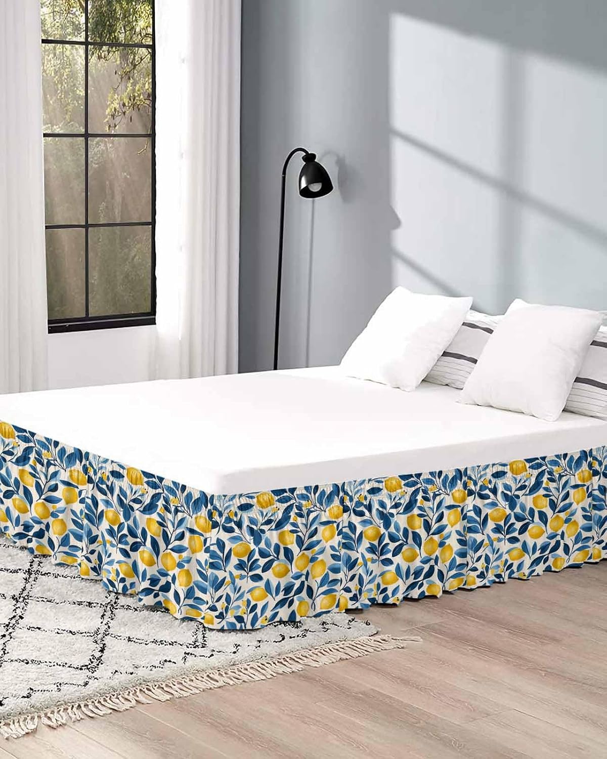 Lemon Bed Skirt Queen Size 16 Inch Drop, Adjustable Elastic Wrap Around Bed Skirts Easy Fitting Dust Ruffle Bedskirt Bed Frame Cover Watercolor Yellow Blue Fruit Branch Flower