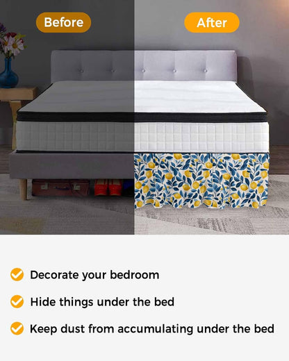 Lemon Bed Skirt Queen Size 16 Inch Drop, Adjustable Elastic Wrap Around Bed Skirts Easy Fitting Dust Ruffle Bedskirt Bed Frame Cover Watercolor Yellow Blue Fruit Branch Flower