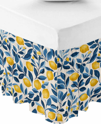 Lemon Bed Skirt Queen Size 16 Inch Drop, Adjustable Elastic Wrap Around Bed Skirts Easy Fitting Dust Ruffle Bedskirt Bed Frame Cover Watercolor Yellow Blue Fruit Branch Flower